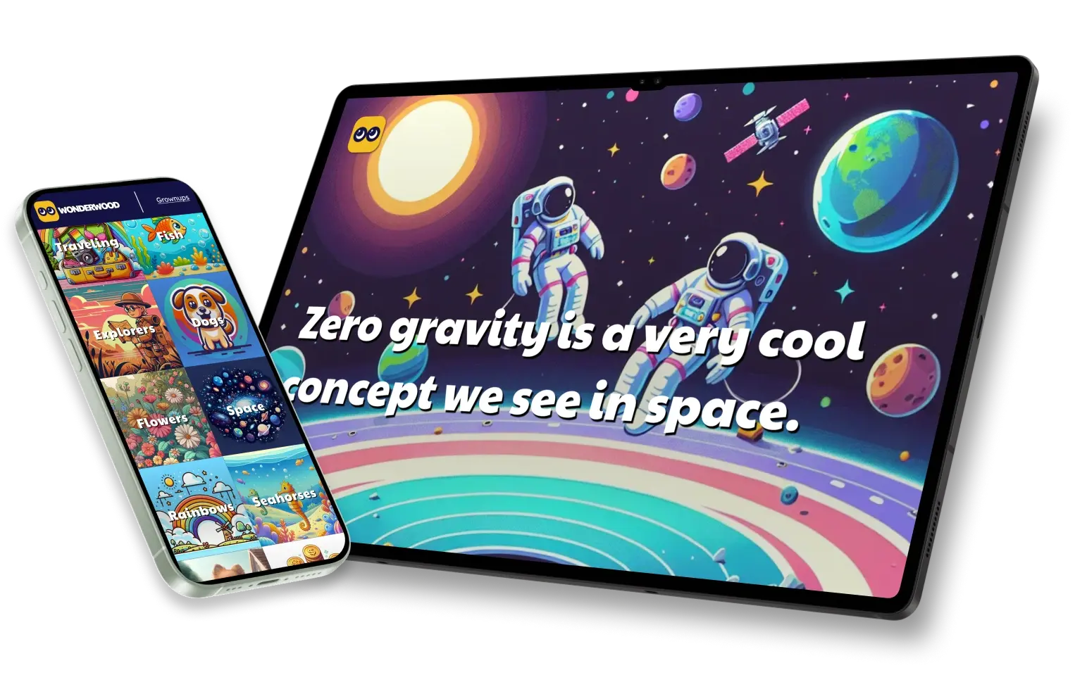 a phone showing a list of illustrated topics, and a tablet showing an illustration with astronauts.